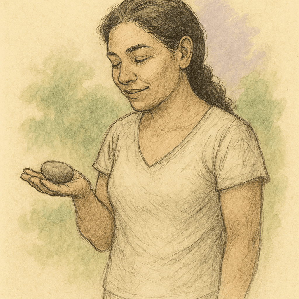 A small stone resting in an open palm — a quiet token of self-knowing