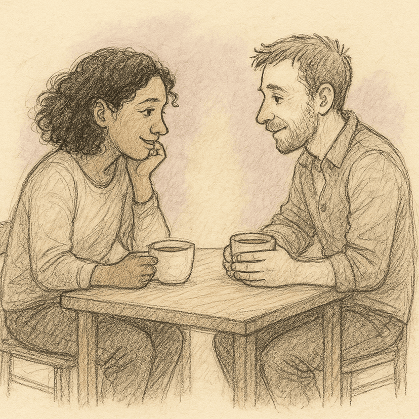 Two people in quiet conversation β gentle relational reflection