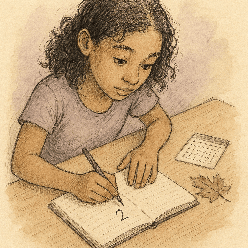 Hand writing numbers in a notebook — quiet study of one's life path